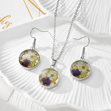 Silver Tone Round Pressed Flower Earrings, Necklace and Coordinated Set