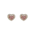 Pink Crystal Heart Stud Earrings Clear Halo Gold Tone view 5