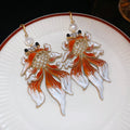 Orange Enamel Goldfish Pearl Drop Hook Earrings With Decorative Metal Accents view 6