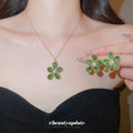 Green Crystal Flower Necklace Earring Set Gold Tone view 2