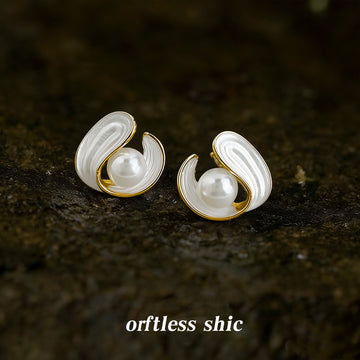 Gold Tone White Shell Swirl Pearl Center Stud Earrings