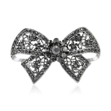 Gunmetal Crystal Bow Brooch with Openwork Ribbon Loops