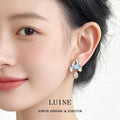 Gold Light Blue Enamel Iris Flower Drop Earrings Pair view 2