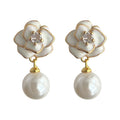 White Enamel Camellia Center Zircon Pearl Drop Stud Earrings view 5