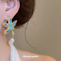 Blue Starfish and White Pearl Drop Earrings with Metal Settings view 4