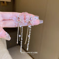Pink Butterfly Crystal Earrings with Triple Chain Tassels view 4