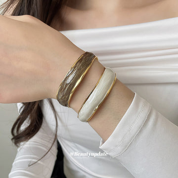 Gold Open Cuff Bracelets White Marble and Coffee Enamel