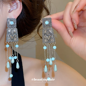 Antique Silver Blue Bead Long Tassel Earrings Statement Jewelry