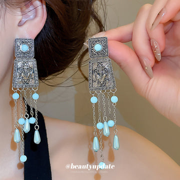 Antique Silver Blue Bead Long Tassel Earrings Statement Jewelry