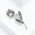 Silver Abalone Shell Rose Stem Rhinestone Brooch Pin view 2