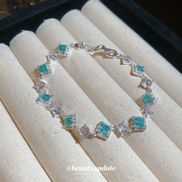 Silver Teal Square Stone Link Bracelet Clear Round Accents