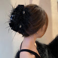 Black Feather And Velvet Bow Hair Claw With Clear Crystal Drops view 4