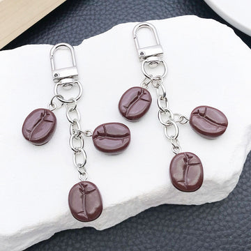 Three Brown Coffee Bean Charm Clasp Keychain with Metal Hardware