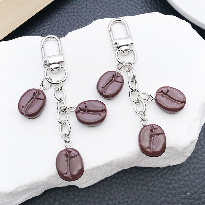Three Brown Coffee Bean Charm Clasp Keychain with Metal Hardware