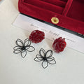 Red Rose Black Wire Outline Flower Long Dangle Stud Earrings view 2