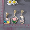 Three Design Gold Tone Geometric Resin Pressed Flower Drop Stud Earrings view 4