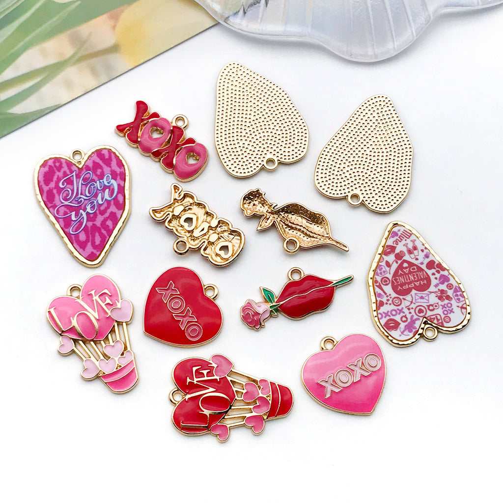 Enamel Zinc Alloy Heart Rose Charm Pendant for DIY Bracelet Earring Keychain Jewelry