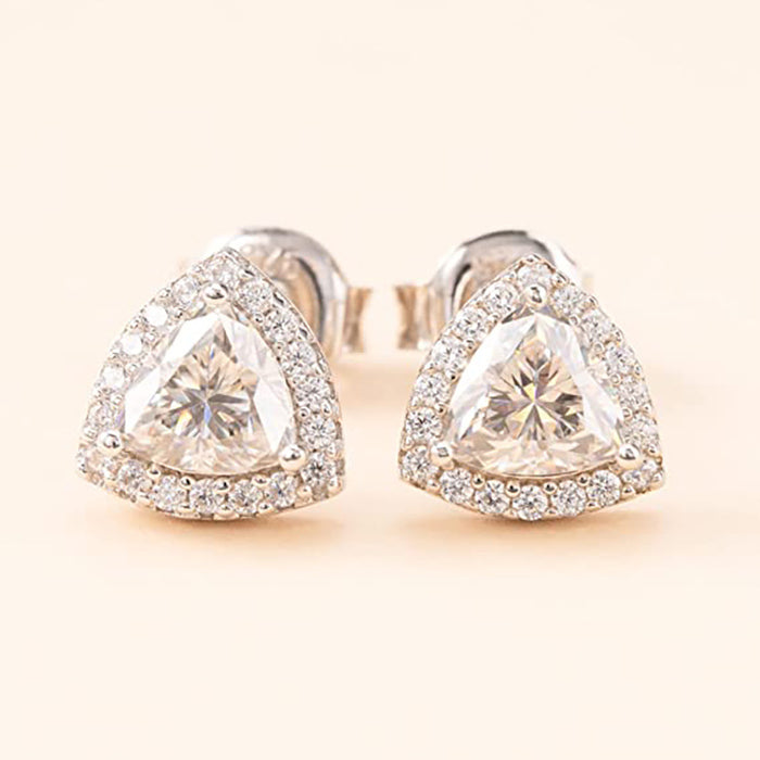 Silver Tone Triangular Clear Crystal Stud Earrings