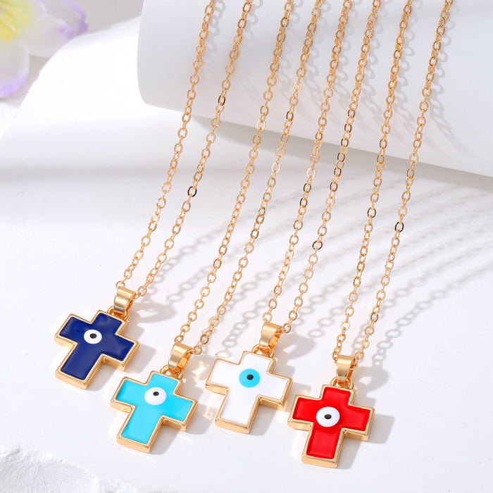 Gold Tone Cross Evil Eye Pendant Necklaces in Four Colors
