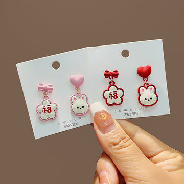 Asymmetric Bunny Fu Flower Enamel Stud Earrings Red Pink