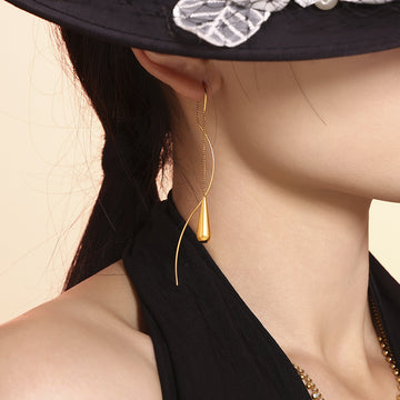 Gold Tone Teardrop Threader Drop Earrings Long Chain Tassel Pair