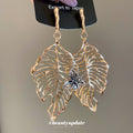 Gold Tone Openwork Leaf Butterfly Drop Stud Earrings view 2