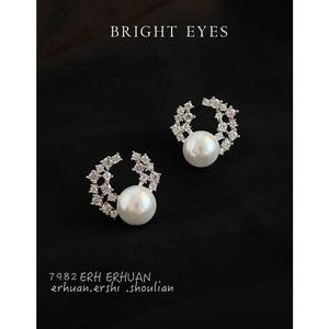 Silver Tone Clear Stone Starry Arc And White Pearl Stud Earrings