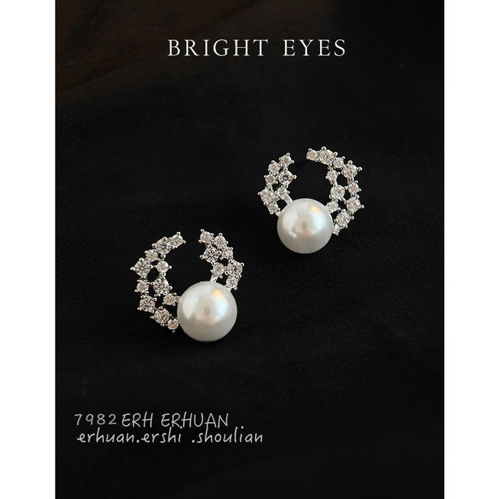 Silver Tone Clear Stone Starry Arc And White Pearl Stud Earrings