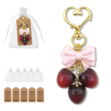 Pink Bow Three Cherry Charms Gold Heart Clasp Keychain