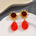 Gold Sun Flower Drop Earrings Red Teardrop Blue Green view 2