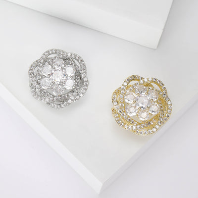 Front view of round crystal flower brooch with layered petals decorative metal pin