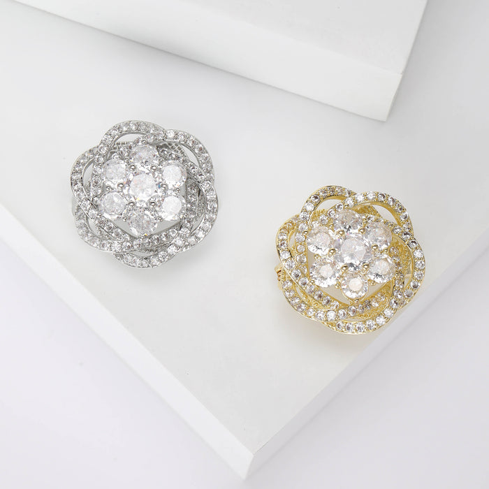 Round Crystal Flower Brooch with Layered Petals Decorative Metal Pin