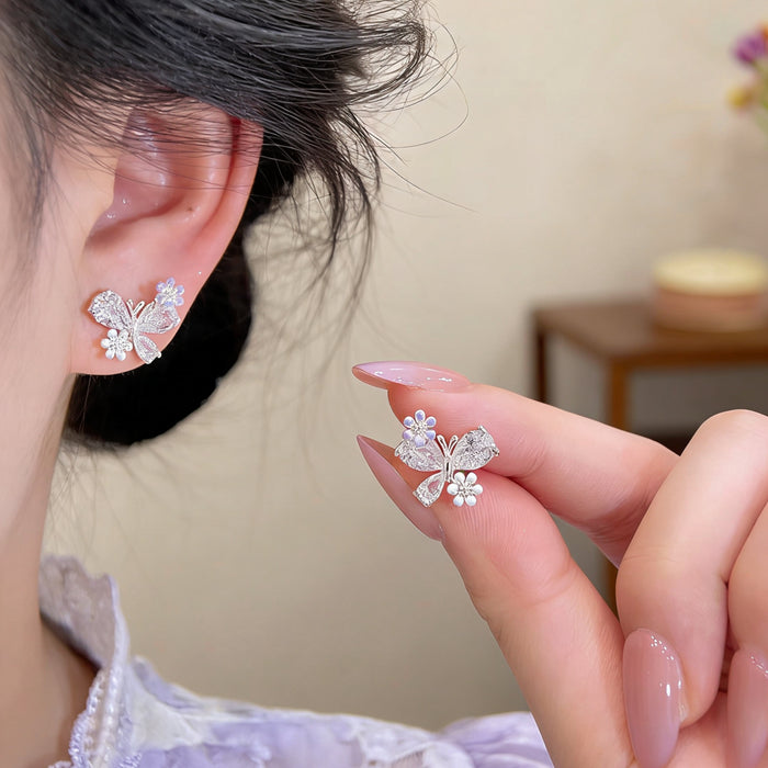 Silver Tone Butterfly Stud Earrings with Clear Crystals