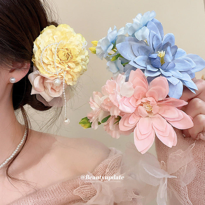 Fabric Bloom Duckbill Hair Clips Pearl Chain Three Styles