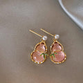 Gold Tone Pink Gourd and Blue Koi Fish Drop Earrings view 1