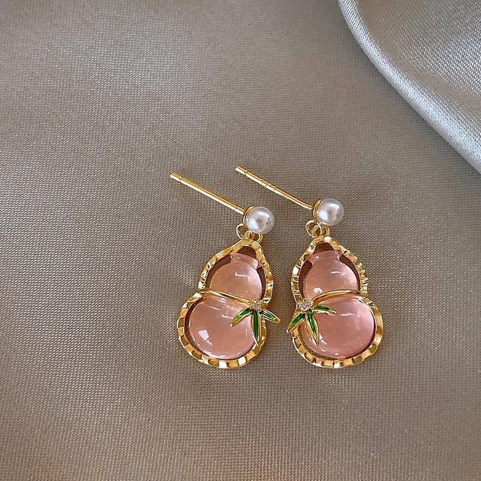 Gold Tone Pink Gourd and Blue Koi Fish Drop Earrings