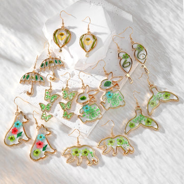 Green Resin Dried Flower Drop Earrings Gold Tone 8 Styles