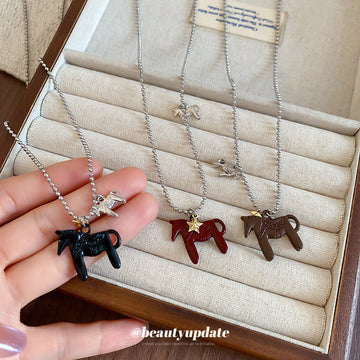 Silver Tone Chain Necklace With Red Horse Pendant Jewelry