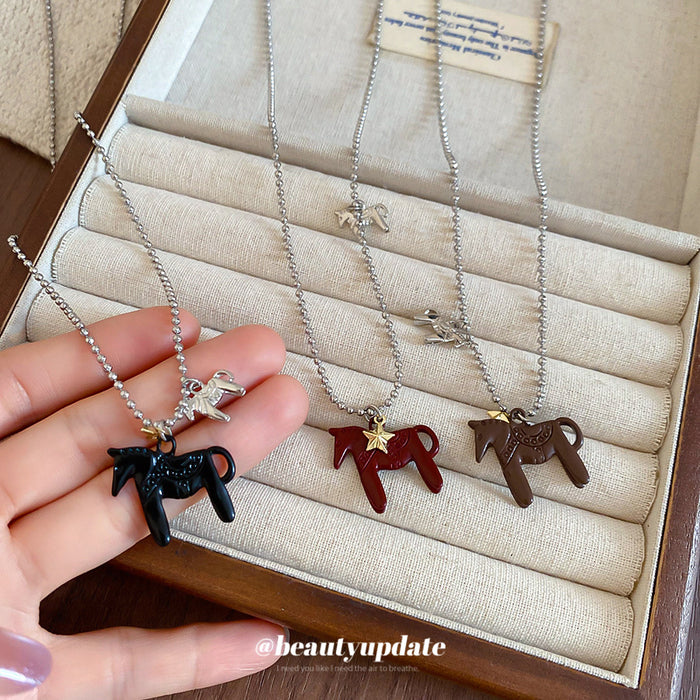Silver Tone Chain Necklace With Red Horse Pendant Jewelry