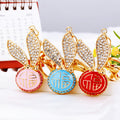 Jeweled Long Ear Rabbit Fortune Medallion Keychains in Three Colors view 2