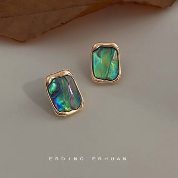 Gold Tone Iridescent Abalone Irregular Rectangle Stud Earrings