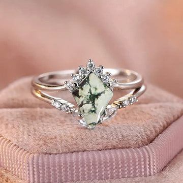 Silver Green Marbled Kite Center Clear Accent Ring Sizes 6-10