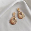 Gold Ribbed Teardrop Drop Earrings Fan Stud Top Pair view 4