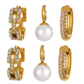 Gold Steel Faux Pearl Drop and Zircon Huggie Hoop Earrings Collection view 5