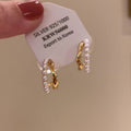 White Pearl Double Row Gold Tone Huggie Earrings With Metal Details view 4