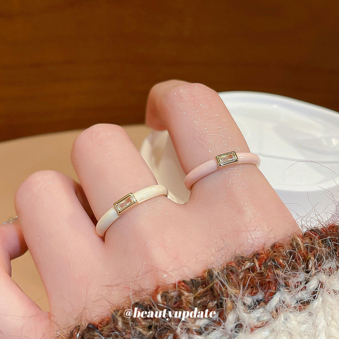 Enamel Open Band Ring Rectangular Zircon Pink White