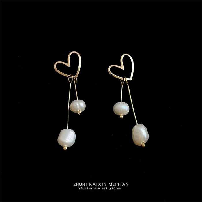 Gold Tone Open Heart And Double Irregular Pearl Drop Earrings