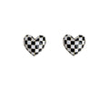 Black White Checkerboard Heart Enamel Stud Earrings Pair view 5