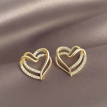 Gold Tone Double Open Heart Crystal Pave Stud Earrings