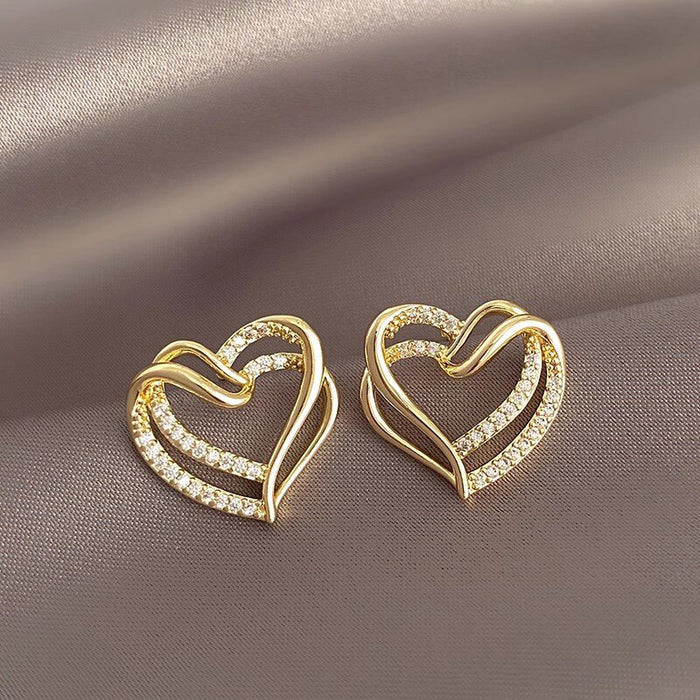 Gold Tone Double Open Heart Crystal Pave Stud Earrings